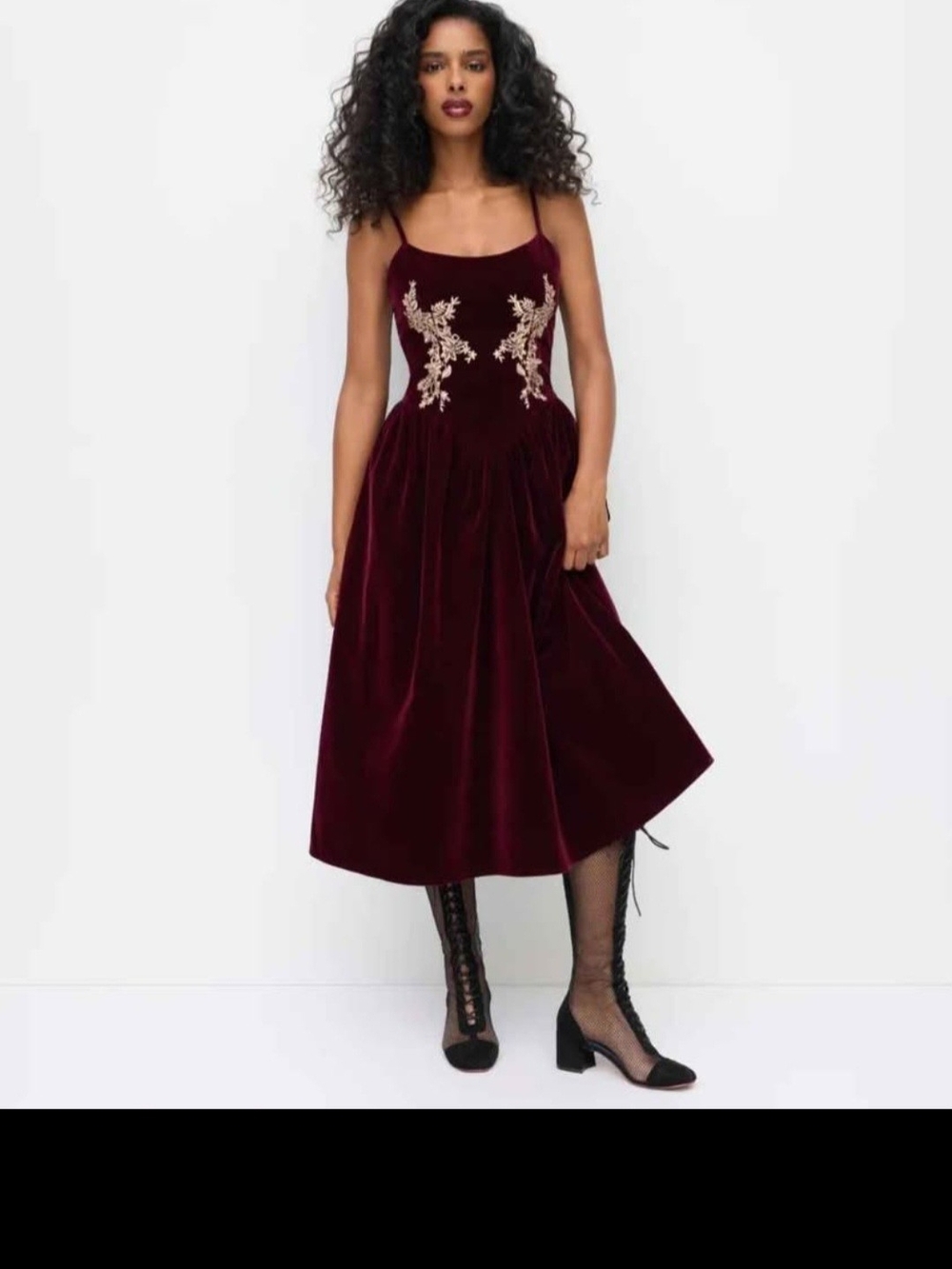 Velvet U-neckline floral embroidery midi dress from Cider